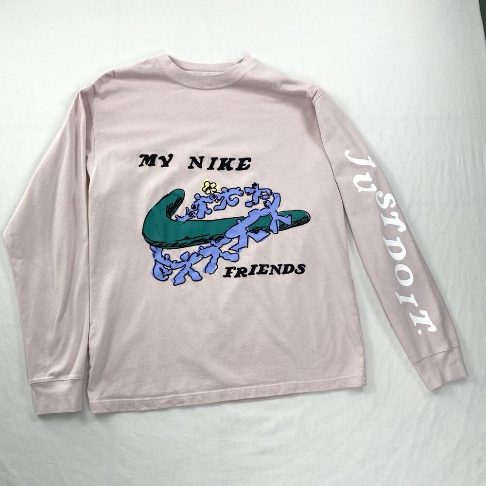 Nike My Nike Friends Long Sleeve Tee Cotton T Shirt Unisex Small Pink Athleisure